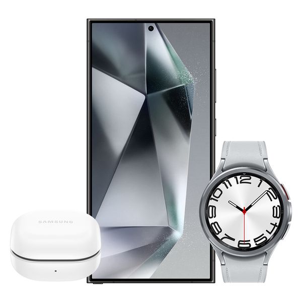 Galaxy-S24-Ultra-5G-1TB---Preto---Galaxy-Watch6-Classic-LTE-47mm---Prata---Galaxy-Buds-FE---Grafite