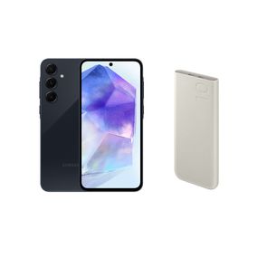 Celular Samsung A55 5G 128GB - Azul Escuro + Bateria Carregador Portátil 2x USB-C, 10000mAh, Super Rápida 25W - Bege