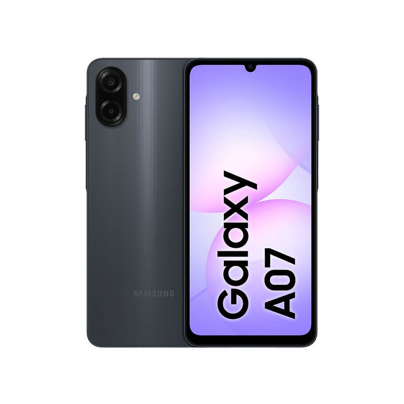 Galaxy A07 preto visto pela frente e por trás